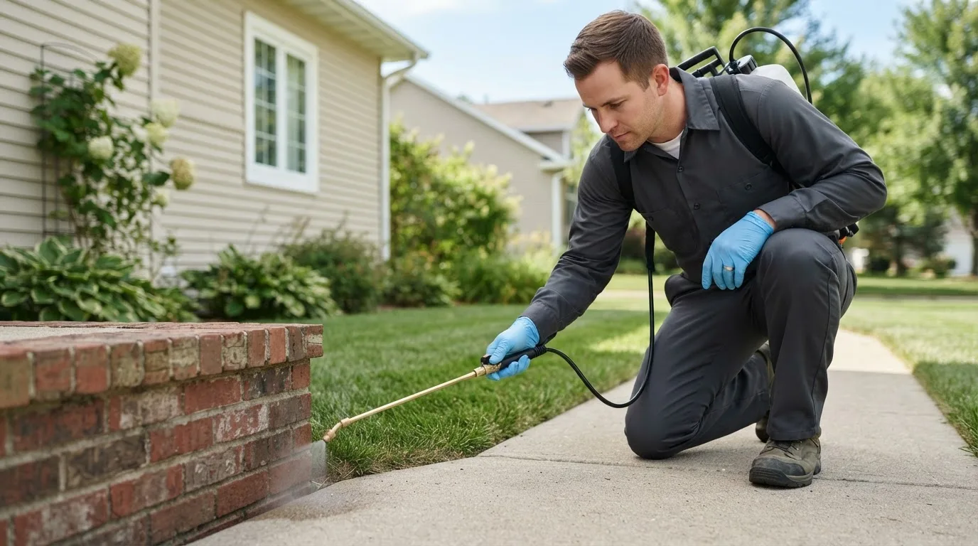 Pest control technician treating a home near Murrayville, IL
