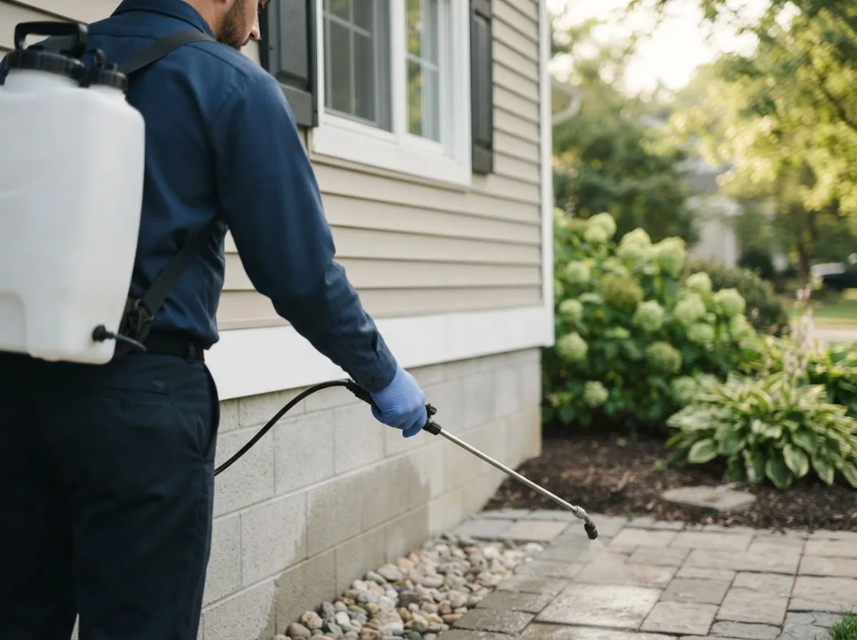Pest control technician inspecting a home in Murrayville, IL